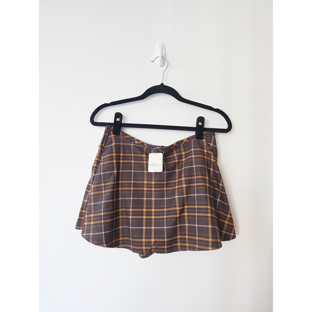 Free People Brown Plaid Skort Smocked Back Mini Skirt Shorts Size M NWT